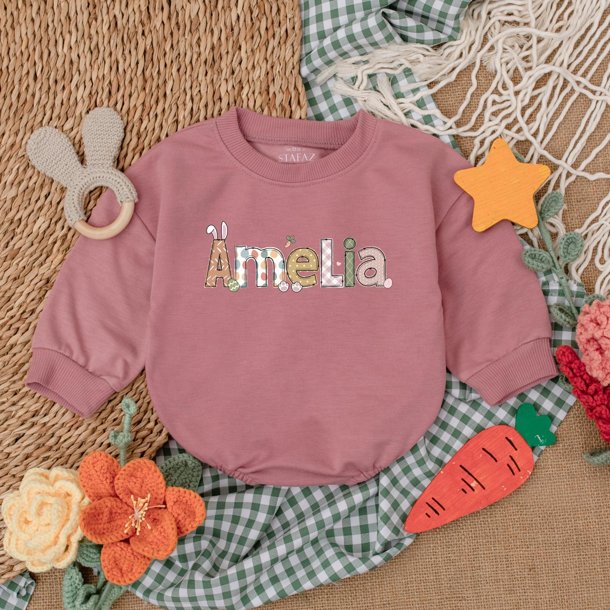 Personalized Easter Bunny Romper Baby Gift, Retro Easter Day Bodysuit, First Easter Outfit, Custom Name Bubble Romper, Baby Shower Gift (139 chars)