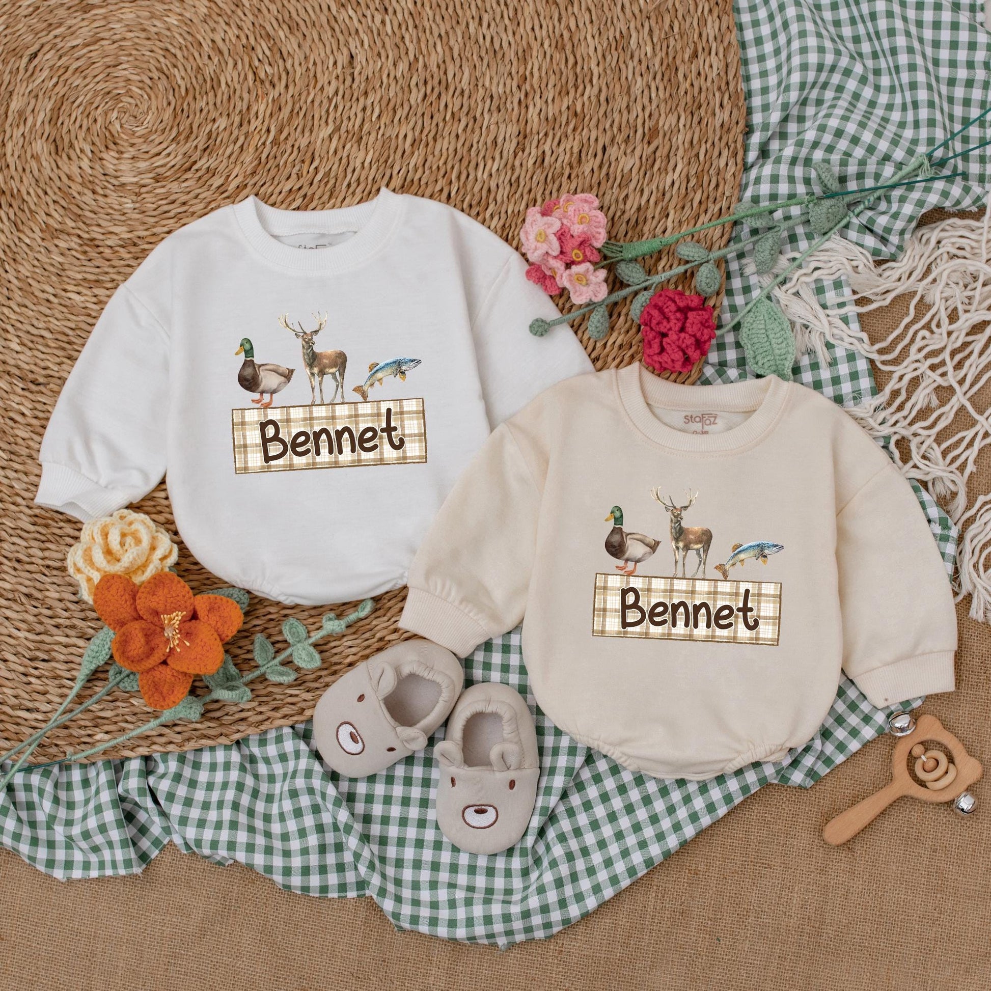Personalized Mallard Duck Hunting Baby Romper Custom Name Cute Duck Deer Fish Baby Shower Gift for Boys Soft Cotton