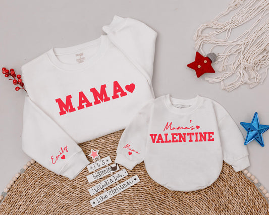 Personalized Mama & Mamas Valentine's Sweatshirt Set: Matching Mom & Baby Family Outfit, Custom Gifts for Her & Baby, Valentine's Day