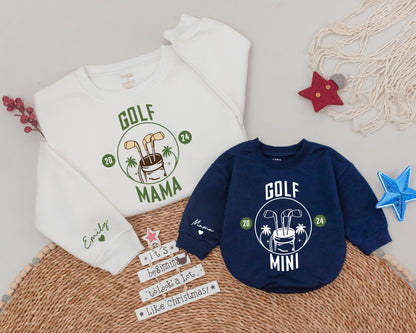 Custom Golf Mama and Mini Matching Shirts 2024 Palm Tree Golf Bag Design Muted Green Family Outfit Birthday Gift