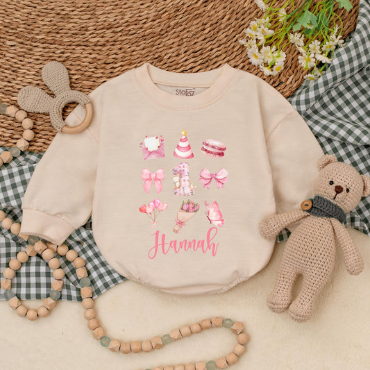 Personalized Pink Bow First Birthday Romper for Baby Girl with Name Adorable Celebration Outfit Soft Cotton Bubble Bodysuit One Year Old Era Gift