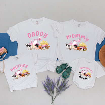Whimsical Farm Birthday Shirt Daddy Mommy Sister Amelia's First Birthday Cute Pink Tractor Chicks Farm Animals Celebration Tee