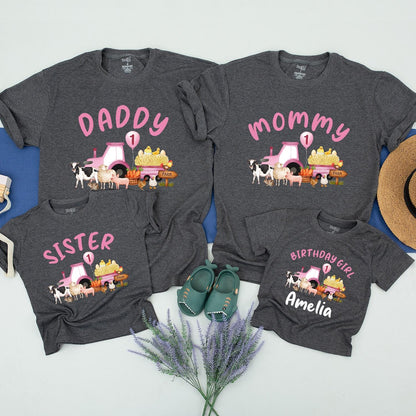 Whimsical Farm Birthday Shirt Daddy Mommy Sister Amelia's First Birthday Cute Pink Tractor Chicks Farm Animals Celebration Tee