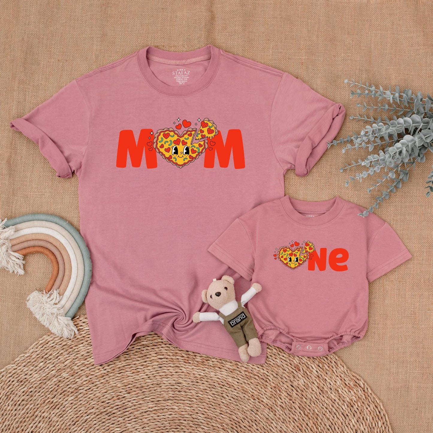 Pizza Birthday Family Matching Bubble Romper First Birthday Girl Outfit Cute Pizza Party Mommy and Me Clothes Cotton Comfortable Toddler