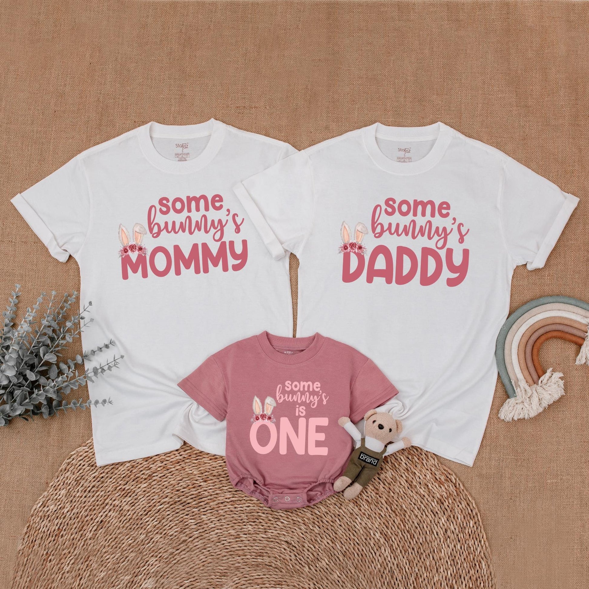 Some Bunny Is One First Birthday Matching Family Outfit Pink Floral Bunny Ears Baby Girl Romper Mommy Daddy Sister Shirts Soft Cotton Playful Design