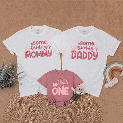 Some Bunny Is One First Birthday Matching Family Outfit Pink Floral Bunny Ears Baby Girl Romper Mommy Daddy Sister Shirts Soft Cotton Playful Design