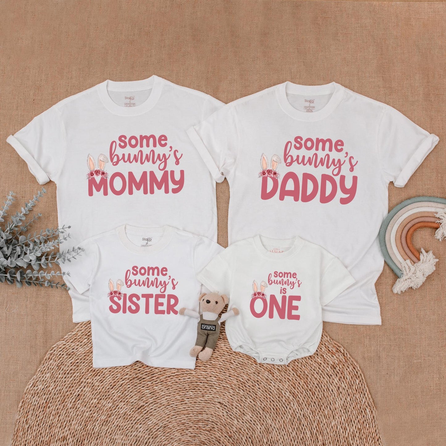 Some Bunny Is One First Birthday Matching Family Outfit Pink Floral Bunny Ears Baby Girl Romper Mommy Daddy Sister Shirts Soft Cotton Playful Design