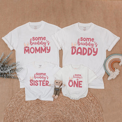 Some Bunny Is One First Birthday Matching Family Outfit Pink Floral Bunny Ears Baby Girl Romper Mommy Daddy Sister Shirts Soft Cotton Playful Design