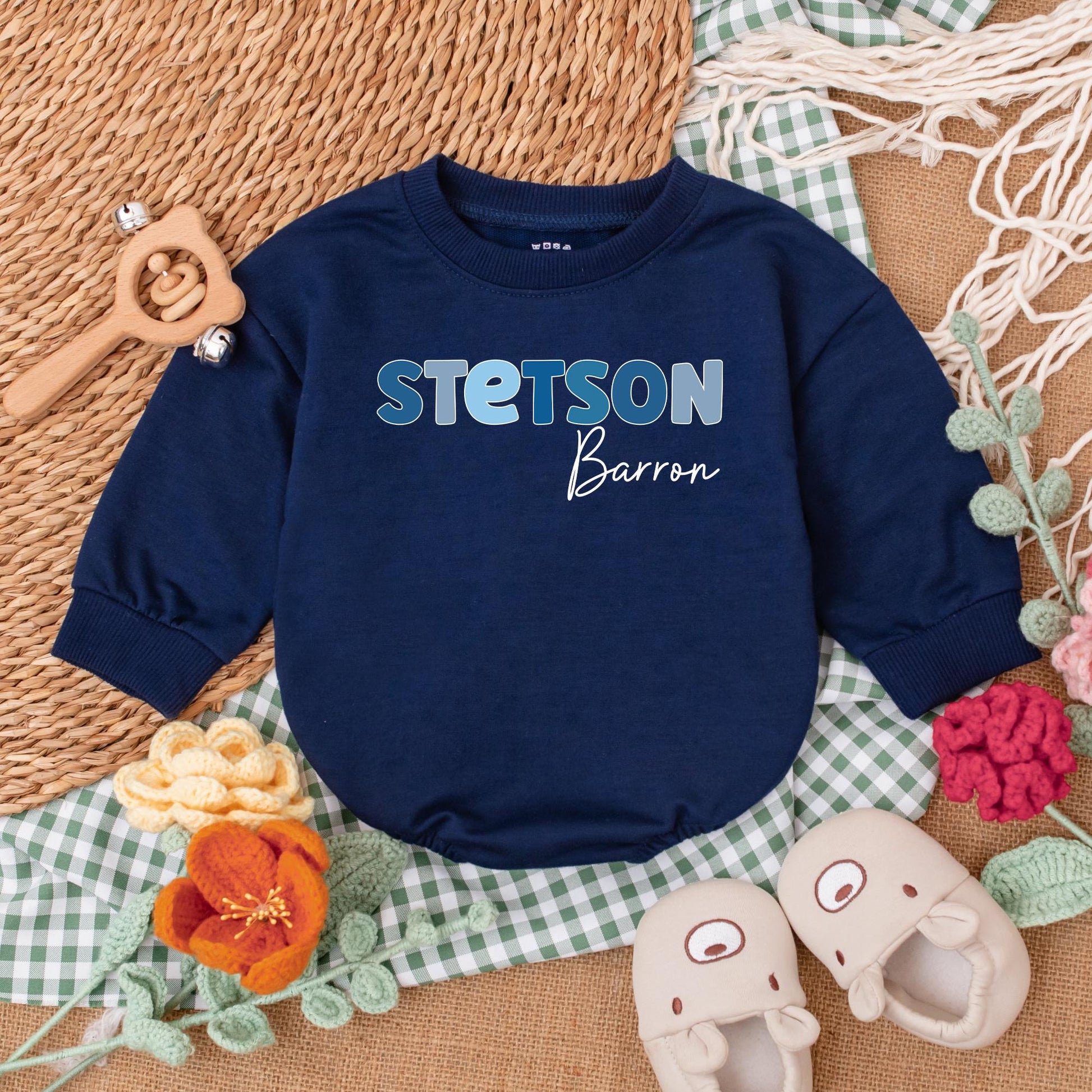 Custom Name Baby Boy Bubble Romper Blue Letter Design for Newborns, Unique Baby Shower Gift Outfit, Soft Cotton Baby Clothes
