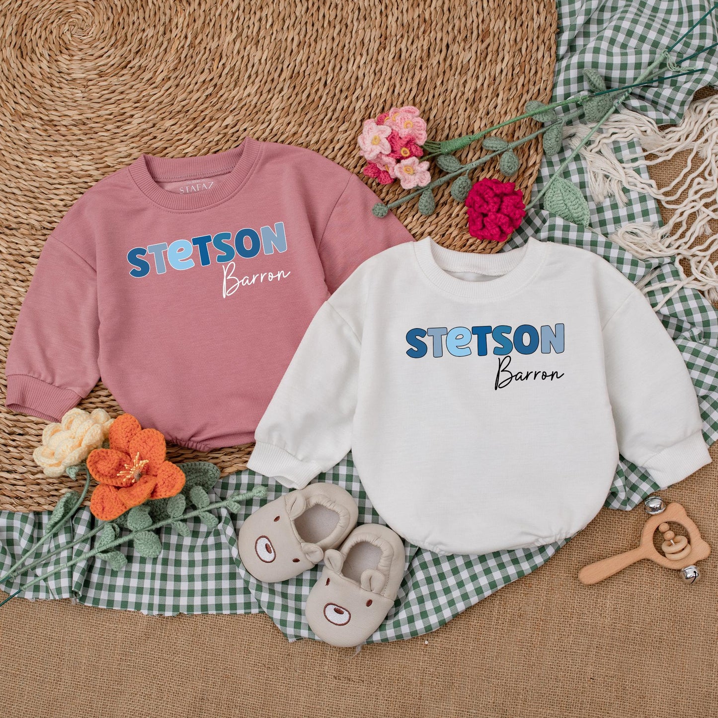 Custom Name Baby Boy Bubble Romper Blue Letter Design for Newborns, Unique Baby Shower Gift Outfit, Soft Cotton Baby Clothes