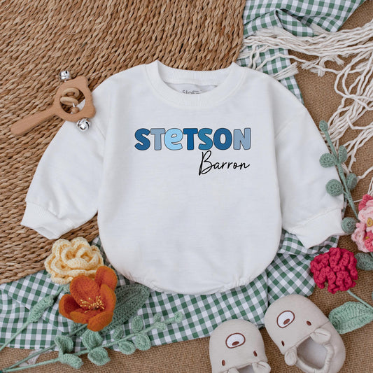 Custom Name Baby Boy Bubble Romper Blue Letter Design for Newborns, Unique Baby Shower Gift Outfit, Soft Cotton Baby Clothes