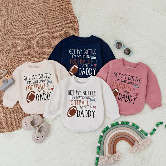 Get My Bottle I'm Watching Football with Daddy First Birthday Baby Bubble Romper Game Day Football Theme Outfit Soft Cotton Infant Apparel