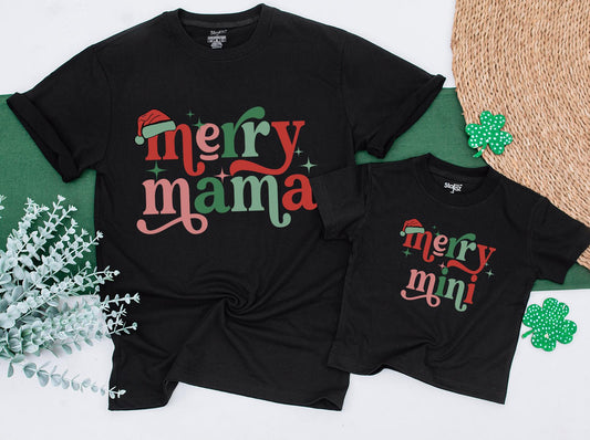 Merry Mama & Mini Matching Christmas Shirts, Retro Holiday Outfits, Personalized Mom and Baby Tee, Festive Daughter Toddler Gift, Red & Green Starbursts (138 chars)