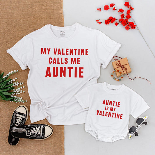 Auntie's Valentine Matching Outfit: My Valentine Calls Me Auntie Shirt & Auntie is My Valentine Romper, Red Text Family Shirts, Valentine's Day Gift