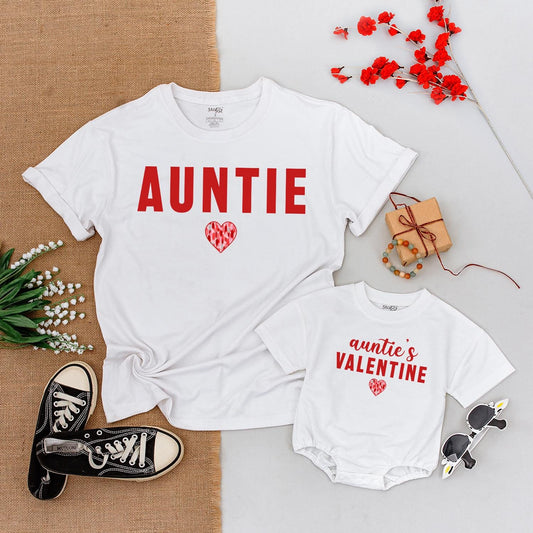Auntie My Valentine Calls Me Auntie and Niece Matching Family T-Shirt Baby Romper Cute Love Theme Outfit