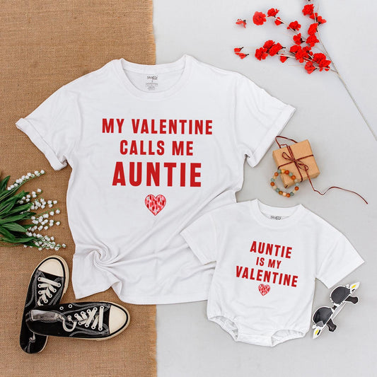 Auntie is My Valentine Matching Family Outfits Baby Romper & Adult Shirt My Valentine Calls Me Auntie Heart Valentine's Day Love