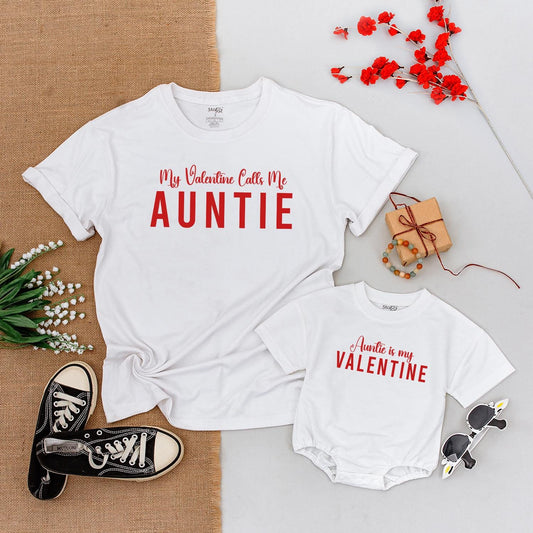 Auntie My Valentine Matching Family T-Shirt Baby Romper My Valentine Calls Me Auntie Cute Valentine's Day Gift Set