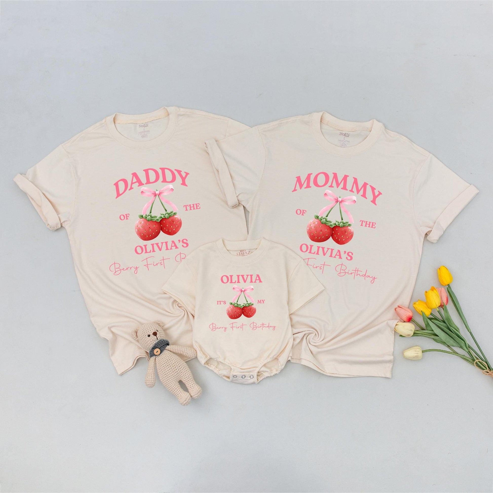 Mommy and Me Berry First Birthday Shirt Matching Family Outfit Sweet Pink Strawberry 1st Birthday Tee for Mom Dad and Baby Girl Boy Celebration