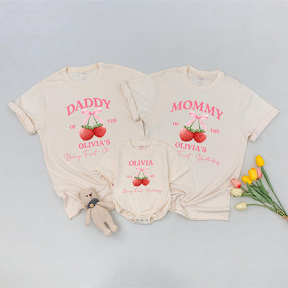 Mommy and Me Berry First Birthday Shirt Matching Family Outfit Sweet Pink Strawberry 1st Birthday Tee for Mom Dad and Baby Girl Boy Celebration