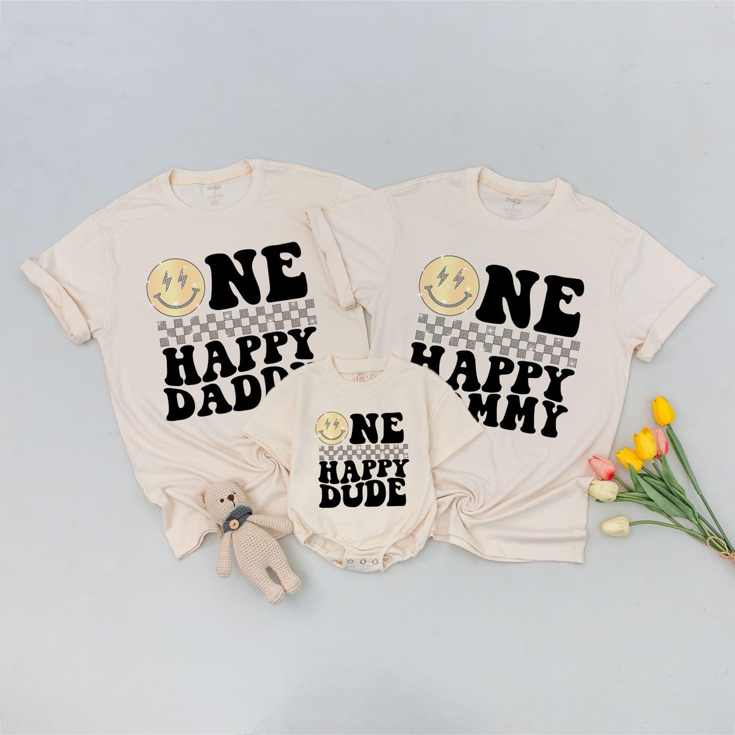 One Happy Dude Birthday Shirt, Golden Smiley Face Lightning Bolt Tee, Glitter Checkerboard Outfit, First Birthday Boy Sparkle Top, Matching Family
