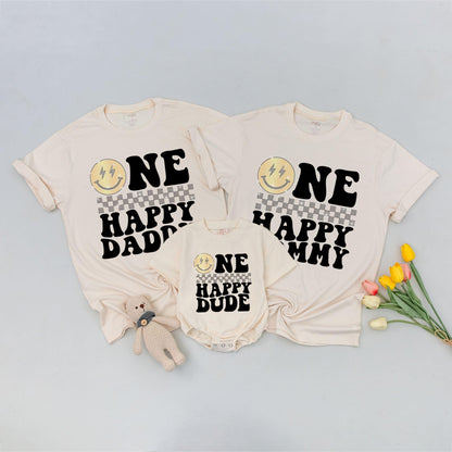One Happy Dude Birthday Shirt, Golden Smiley Face Lightning Bolt Tee, Glitter Checkerboard Outfit, First Birthday Boy Sparkle Top, Matching Family