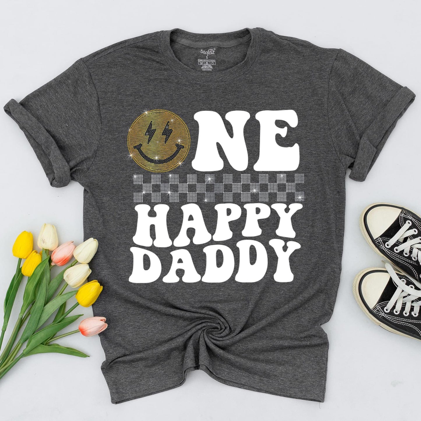 One Happy Dude Birthday Shirt, Golden Smiley Face Lightning Bolt Tee, Glitter Checkerboard Outfit, First Birthday Boy Sparkle Top, Matching Family