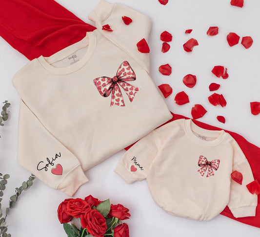 Personalized Valentine Bow Sweatshirt Mom Baby Matching Set Daughter Kid Newborn Outfit Cozy Coquette Bow Design Gift