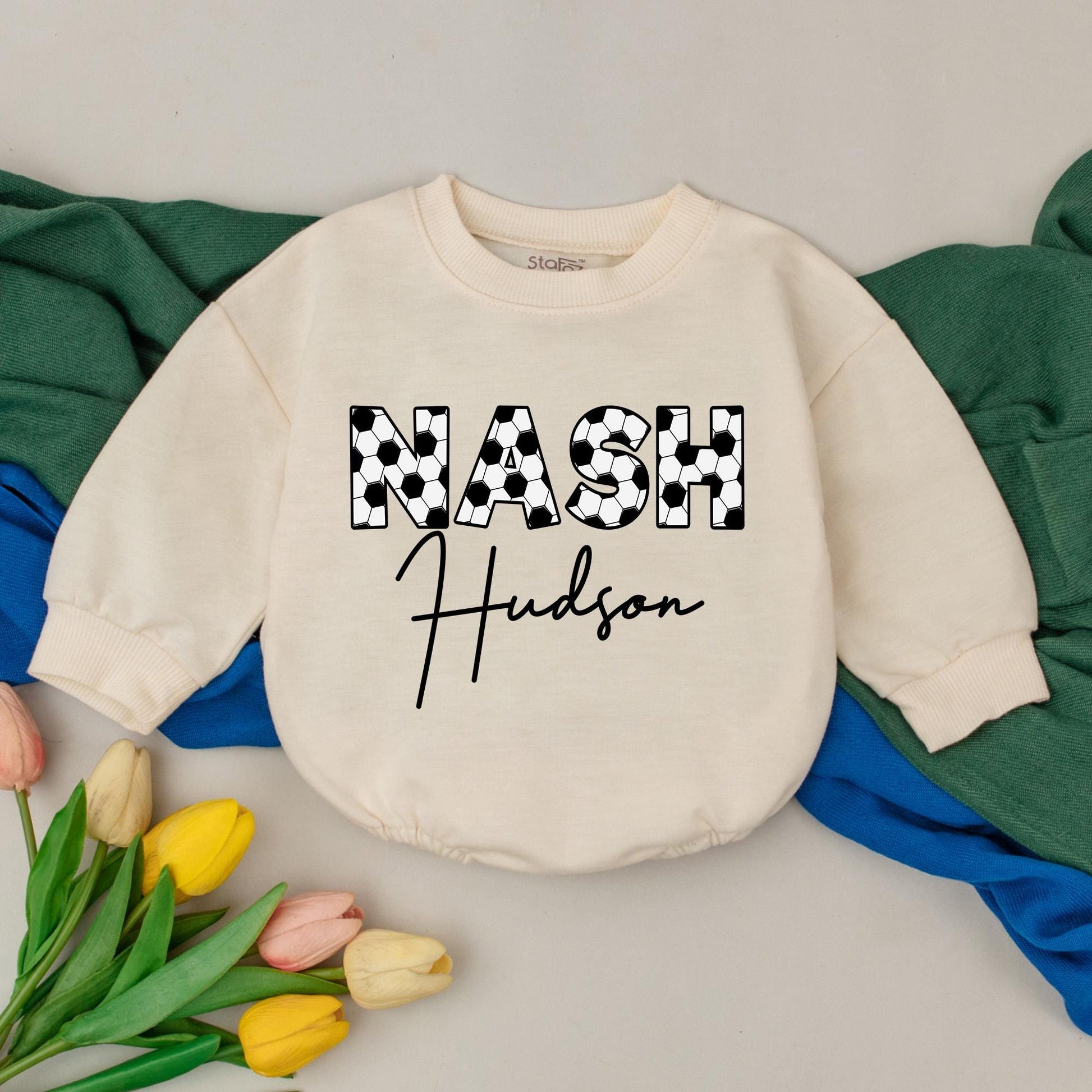 Personalized Soccer Romper Retro Game Day Style Natural Bubble Romper Football Season Baby Boy Outfit Custom Name Gameday Kid Gift 133 Chars