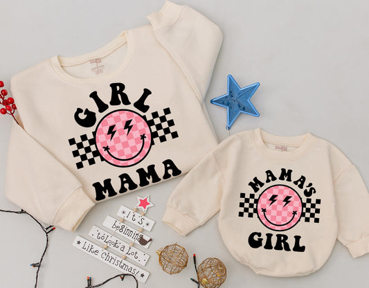 Retro Girl Mama & Mama's Girl Smiley Face Sweatshirt Groovy Black Pink Checkerboard Mama Mini Outfit Gift