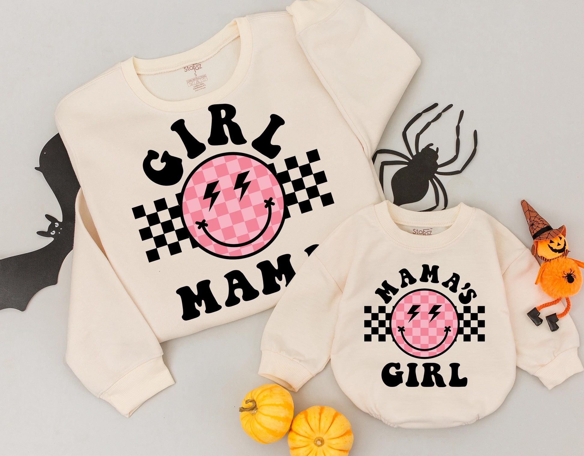 Retro Girl Mama & Mama's Girl Smiley Face Sweatshirt Groovy Black Pink Checkerboard Mama Mini Outfit Gift