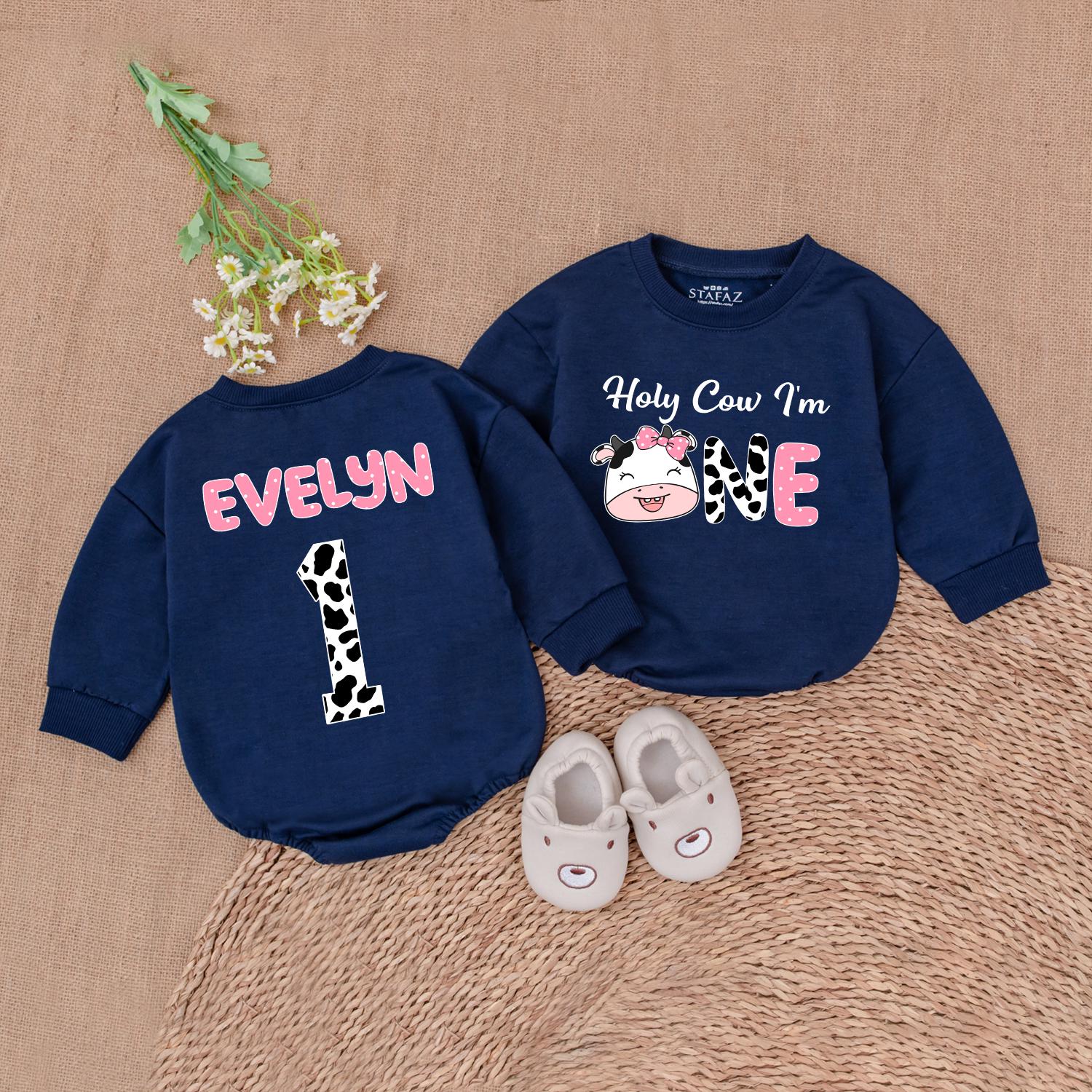 Holy Cow I'm One Romper for Baby Girl Cute Cow Birthday Outfit Custom Name 1st Birthday Gift