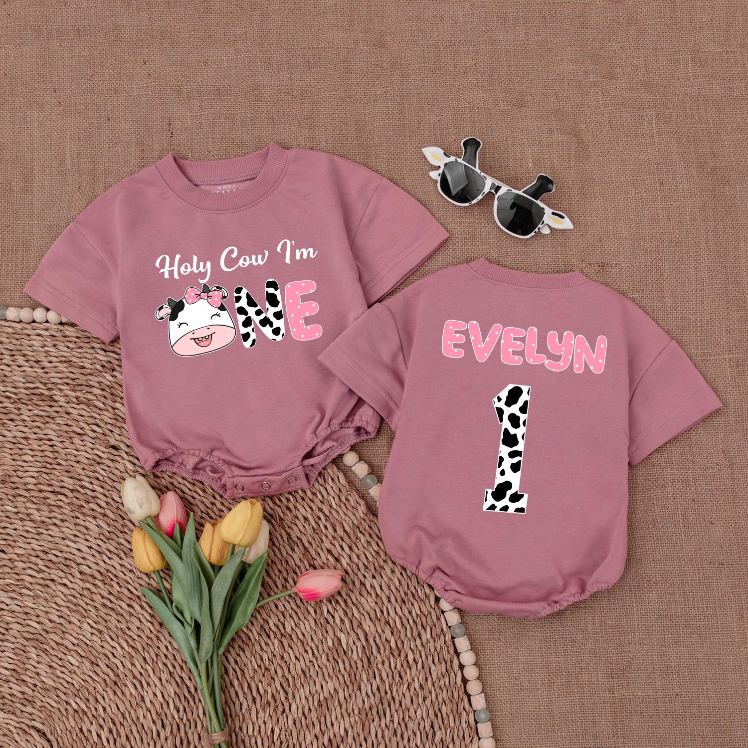 Holy Cow I'm One Romper for Baby Girl Cute Cow Birthday Outfit Custom Name 1st Birthday Gift