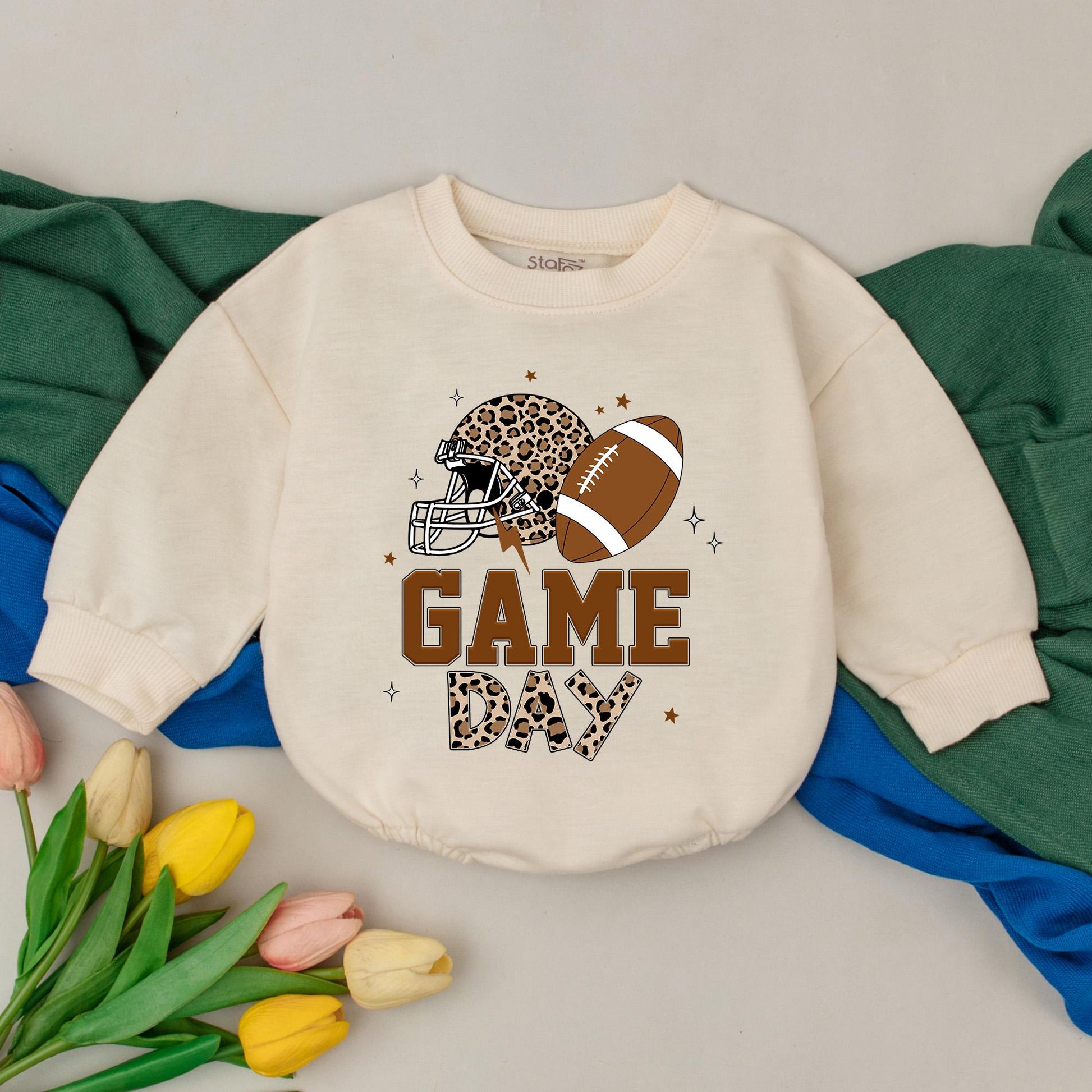 Personalized Football Baby Romper Retro Game Day Outfit, Baby Boy Gameday Season Gift, Newborn, Bubble Romper, Custom Name