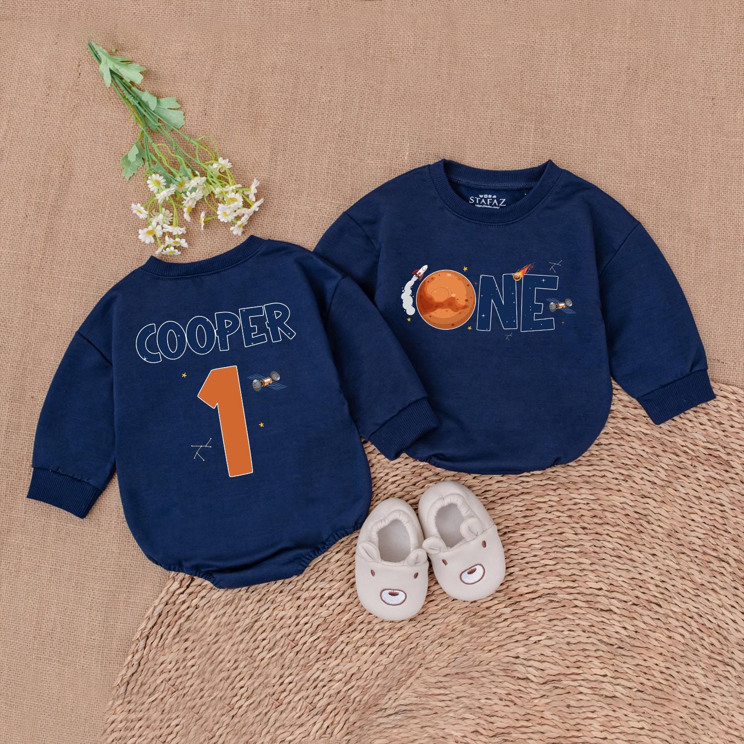Custom One Space Baby Bubble Romper First Birthday Boy Outer Space Theme Astronaut Rocketship Planet Design Dark Blue Orange Stars