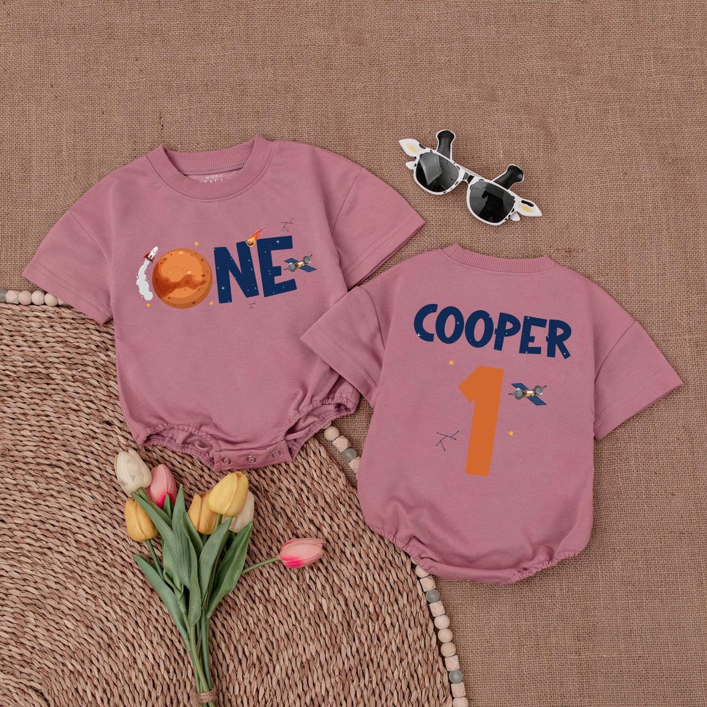 Custom One Space Baby Bubble Romper First Birthday Boy Outer Space Theme Astronaut Rocketship Planet Design Dark Blue Orange Stars