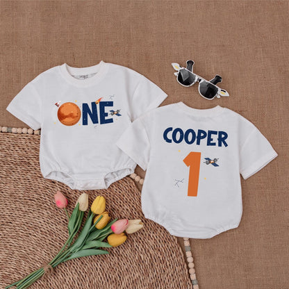 Custom One Space Baby Bubble Romper First Birthday Boy Outer Space Theme Astronaut Rocketship Planet Design Dark Blue Orange Stars