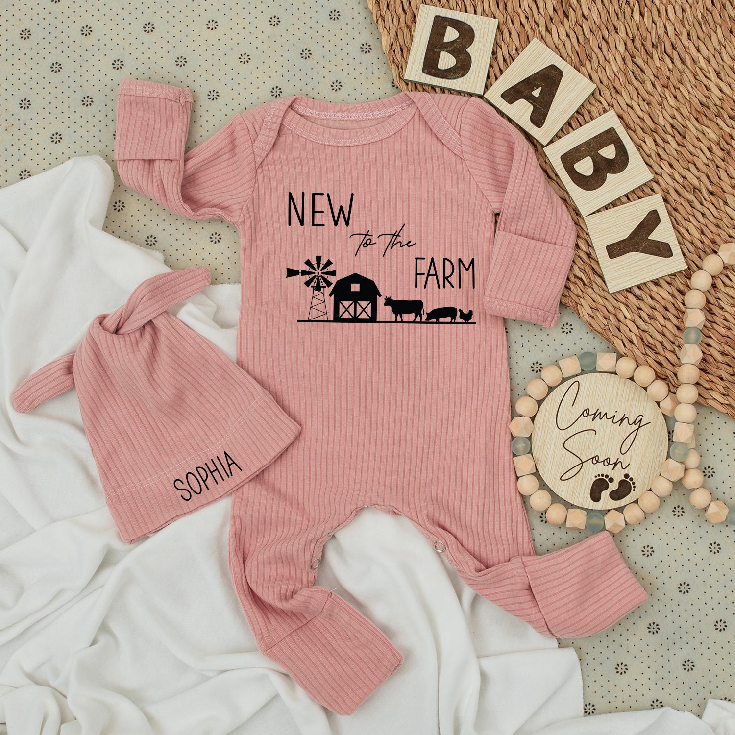 New to the Farm Baby Bodysuit & Hat Set Adorable Country Cow Farm Baby Shower Gift Welcome Baby Outfit