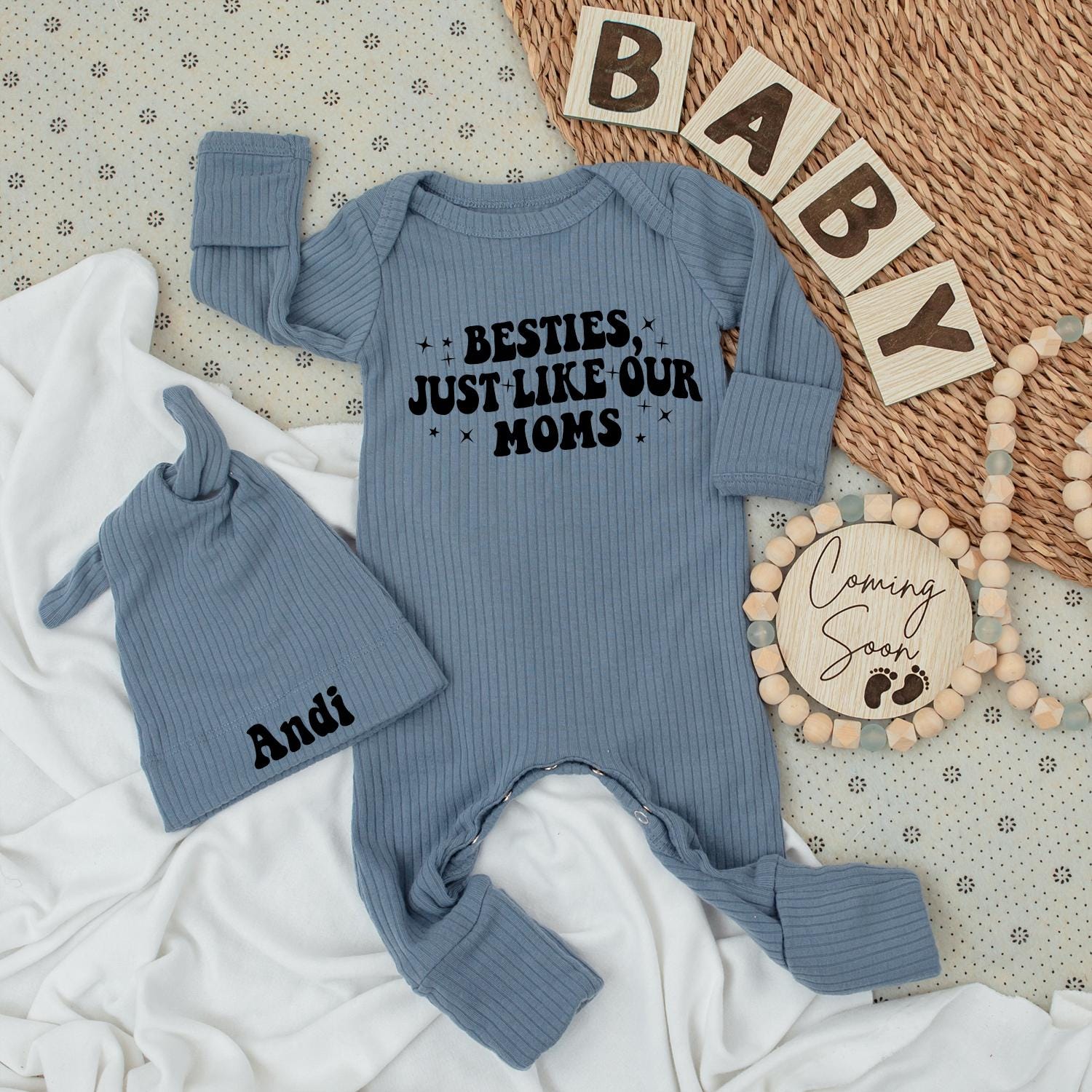 Besties Just Like Our Moms Baby Bodysuit & Hat Set Sweet Handwriting Design Newborn Going Home Outfit Vintage Baby Shower Gift Idea