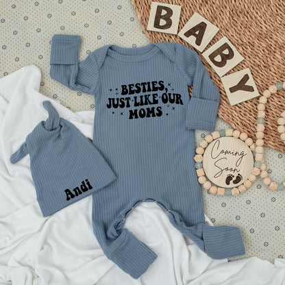 Besties Just Like Our Moms Baby Bodysuit & Hat Set Sweet Handwriting Design Newborn Going Home Outfit Vintage Baby Shower Gift Idea