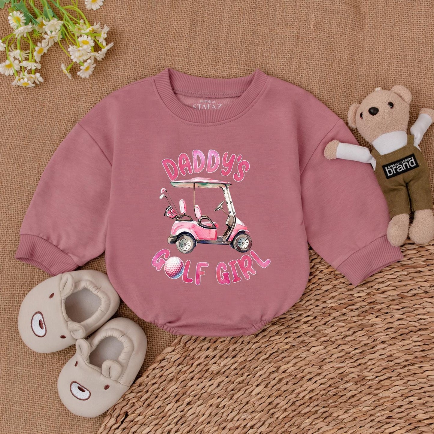 Daddy's Golf Girl Bubble Romper Watercolor Pink Golf Cart & Clubs Outfit for Future Golfers & Daddy's Golfing Buddies