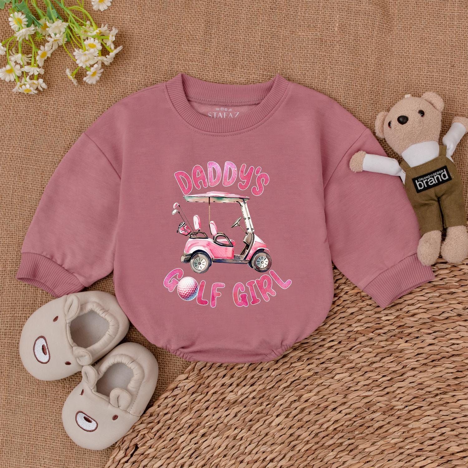Daddy's Golf Girl Bubble Romper Watercolor Pink Golf Cart & Clubs Outfit for Future Golfers & Daddy's Golfing Buddies