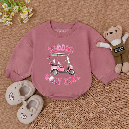 Daddy's Golf Girl Bubble Romper Watercolor Pink Golf Cart & Clubs Outfit for Future Golfers & Daddy's Golfing Buddies
