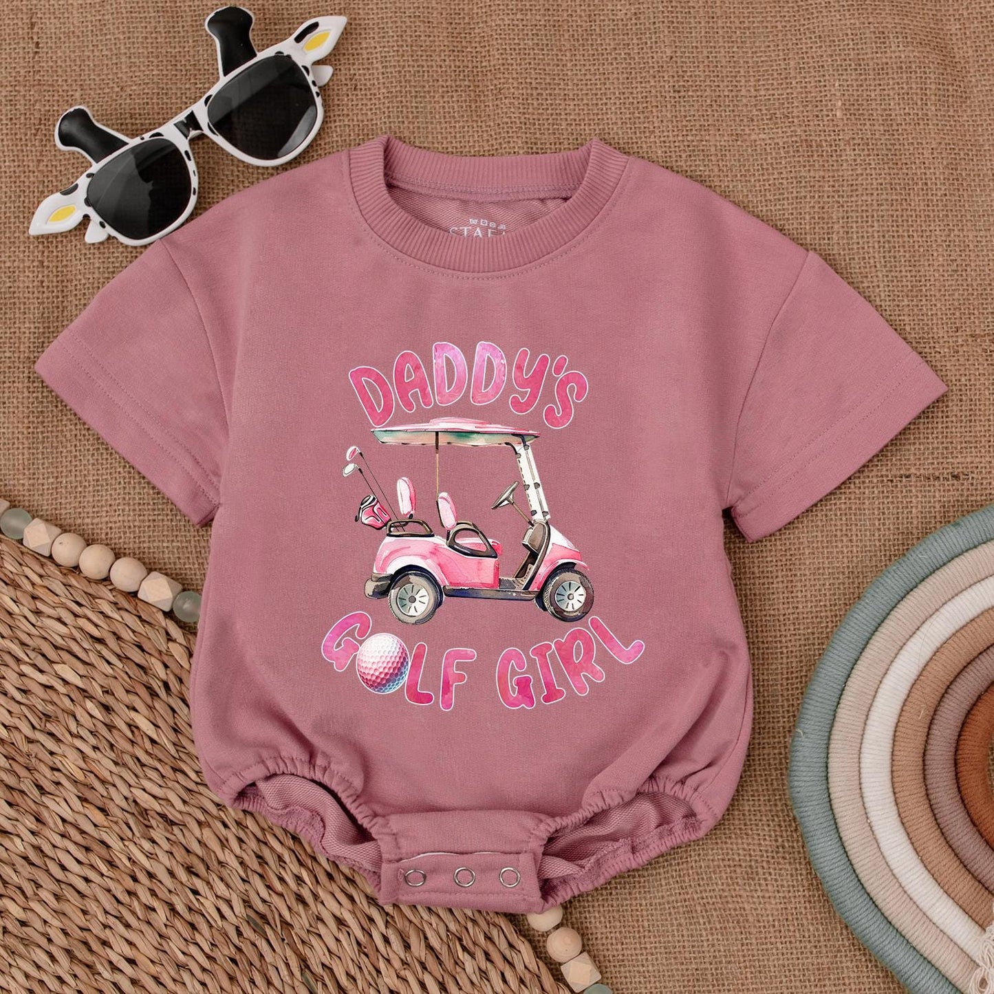 Daddy's Golf Girl Bubble Romper Watercolor Pink Golf Cart & Clubs Outfit for Future Golfers & Daddy's Golfing Buddies