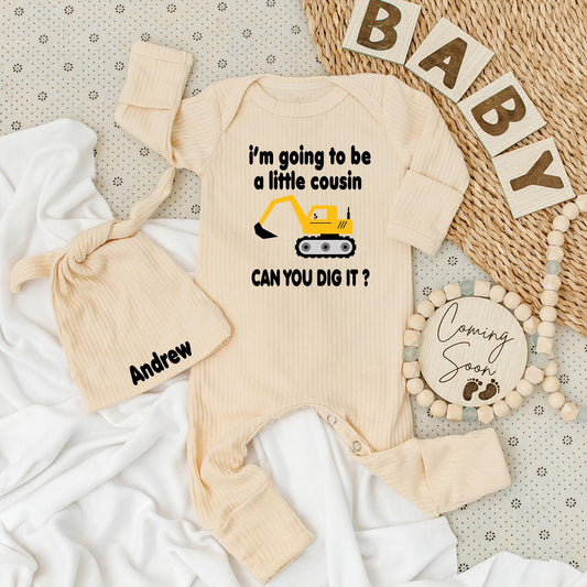 Little Cousin Construction Bodysuit & Hat Set "Can You Dig It?" Yellow Vehicle Baby Outfit Gift for Nephew Andrew