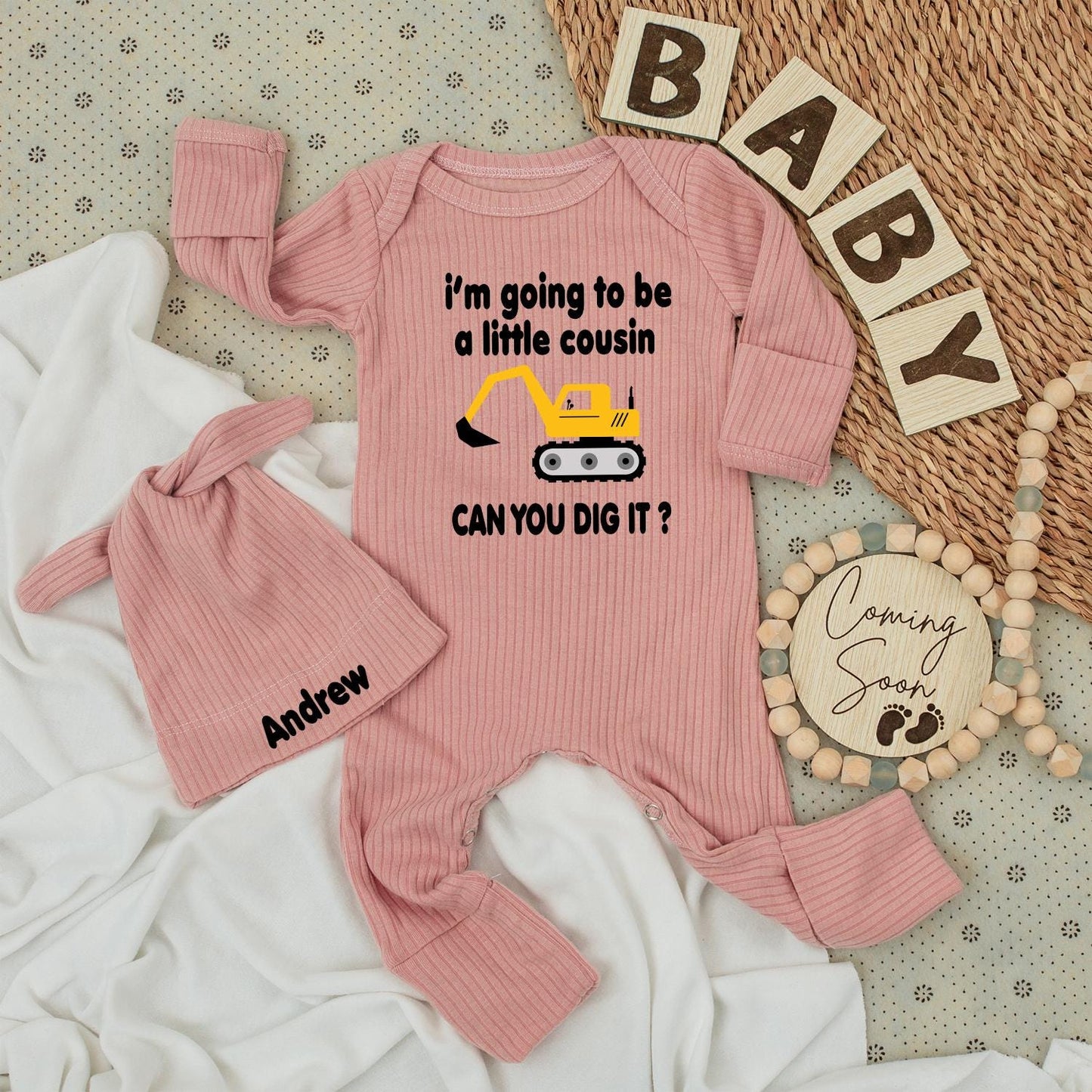 Little Cousin Construction Bodysuit & Hat Set "Can You Dig It?" Yellow Vehicle Baby Outfit Gift for Nephew Andrew