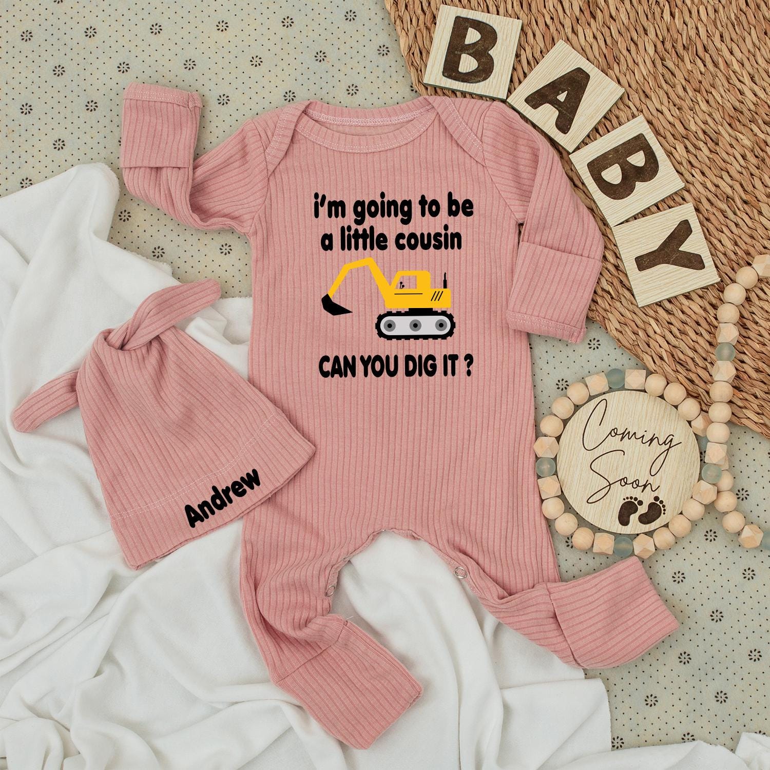 Little Cousin Construction Bodysuit & Hat Set "Can You Dig It?" Yellow Vehicle Baby Outfit Gift for Nephew Andrew