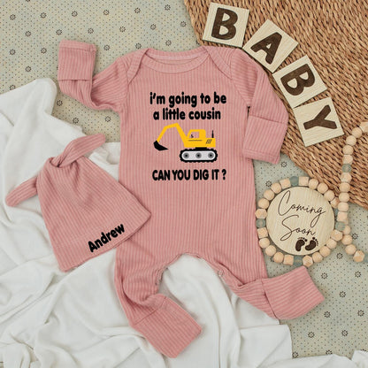 Little Cousin Construction Bodysuit & Hat Set "Can You Dig It?" Yellow Vehicle Baby Outfit Gift for Nephew Andrew