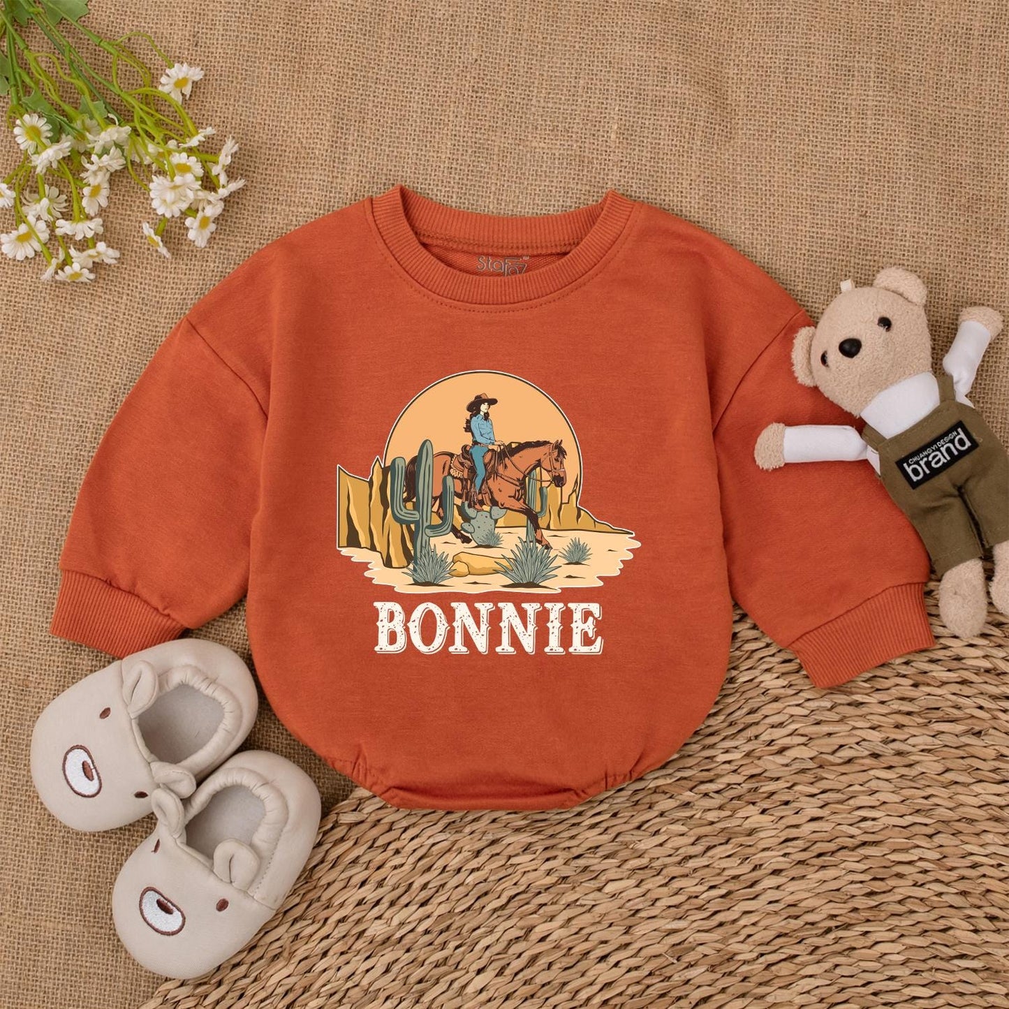 Bonnie's Retro Cowgirl Romper Western Horse Sunset Desert Toddler Baby Girl First Rodeo Birthday Outfit