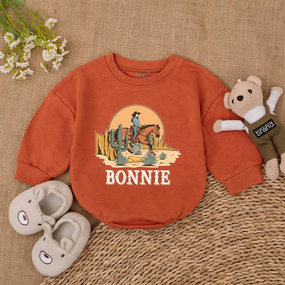 Bonnie's Retro Cowgirl Romper Western Horse Sunset Desert Toddler Baby Girl First Rodeo Birthday Outfit