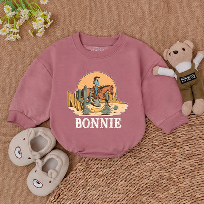 Bonnie's Retro Cowgirl Romper Western Horse Sunset Desert Toddler Baby Girl First Rodeo Birthday Outfit